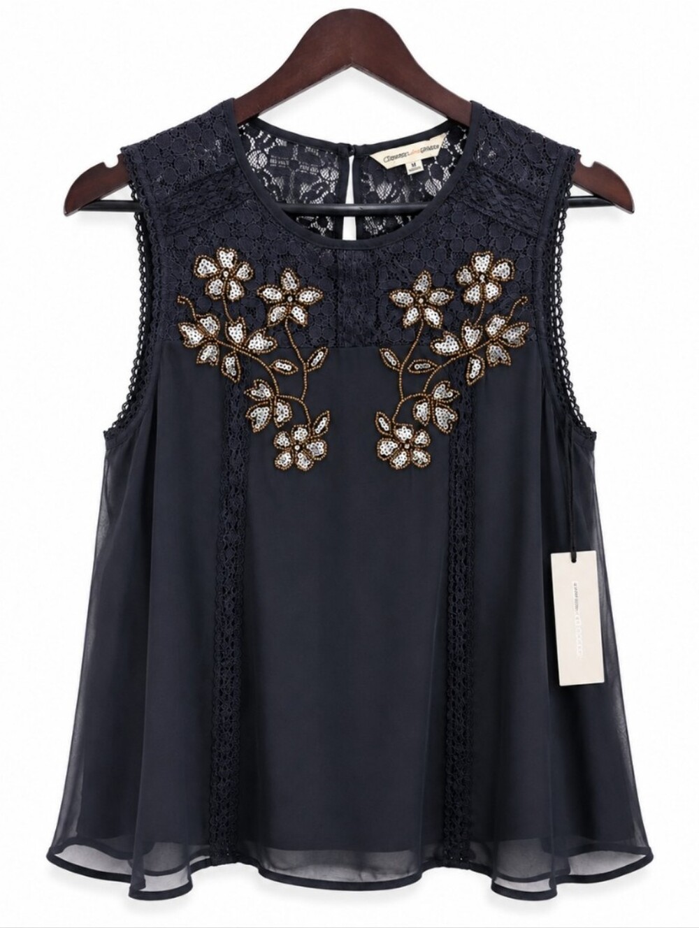 NWT Crimson & Grace Black Lace Multilayer Floral Embroidered Sleeveless Top Sz M